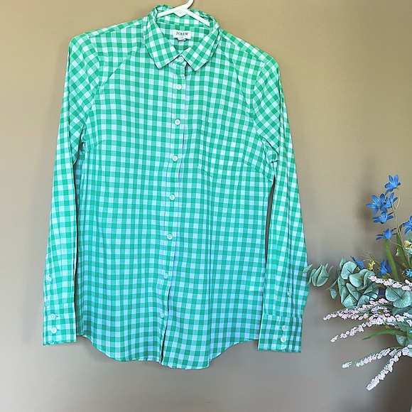 J.Crew Gingham Button Down Shirt Signature Green Picnic White Size Small NWT - Picture 2 of 4
